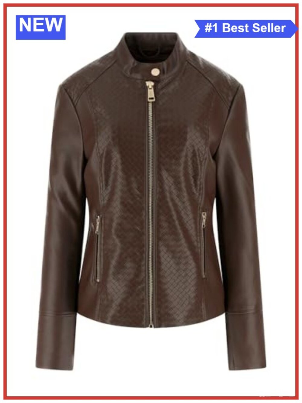 Faux Leather Biker Jacket with Braided Panels Stand Collar Zip Cuffs